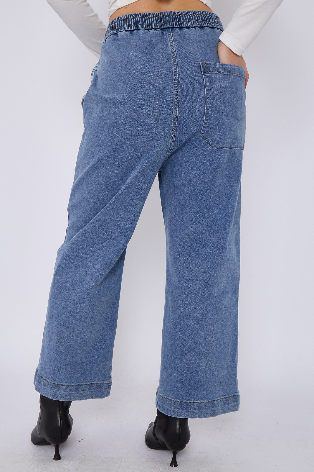 Blue Mid Wash Elastic Waist Wide Leg Denim Jeans