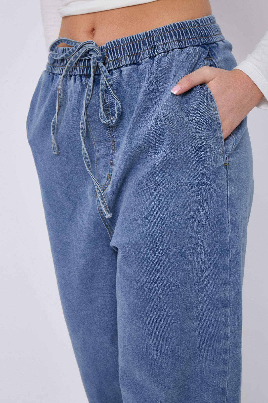 Blue Mid Wash Elastic Waist Wide Leg Denim Jeans