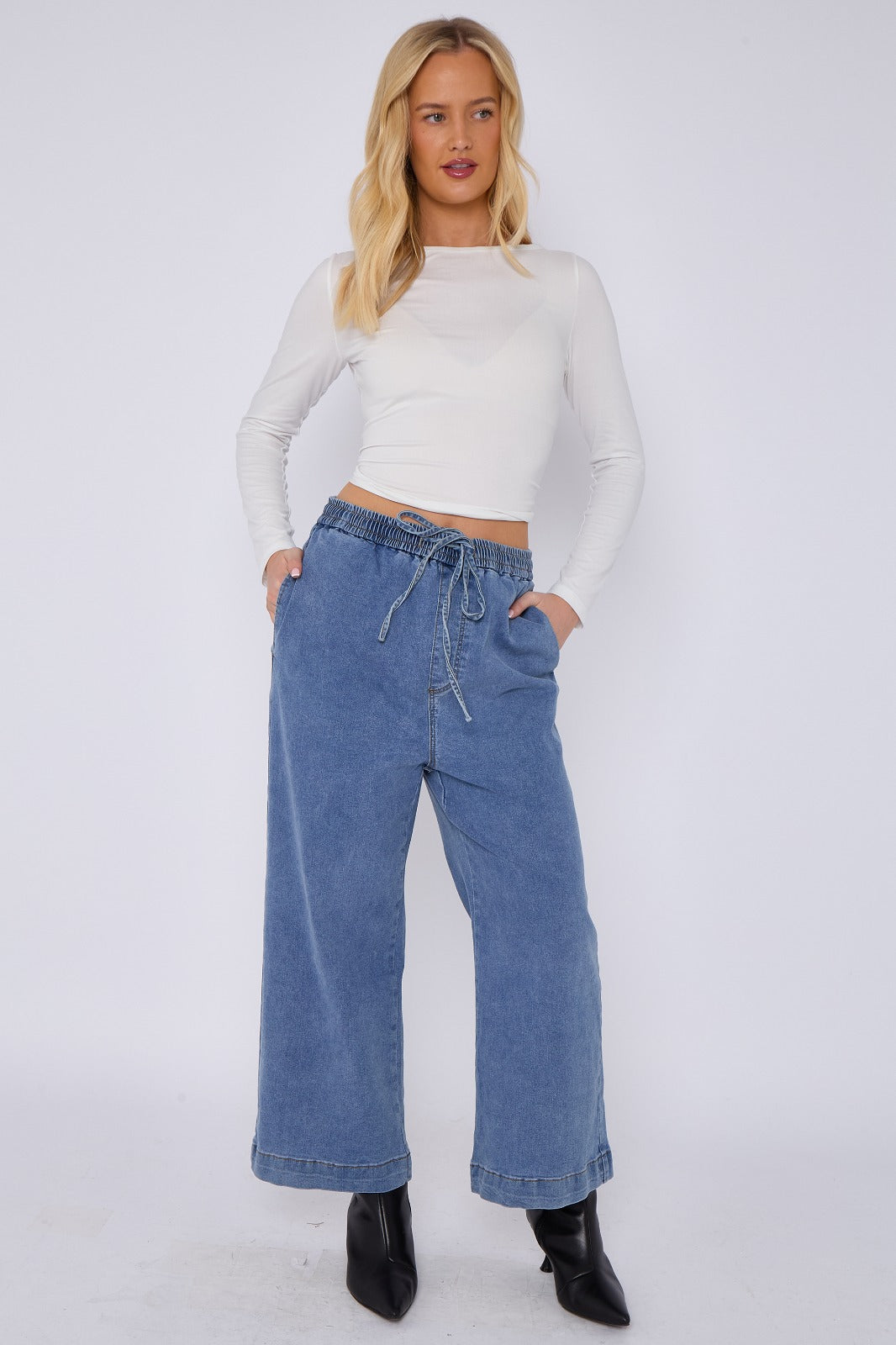 Blue Mid Wash Elastic Waist Wide Leg Denim Jeans