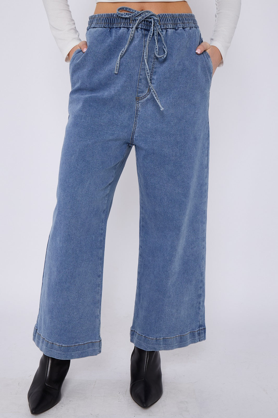 Blue Mid Wash Elastic Waist Wide Leg Denim Jeans