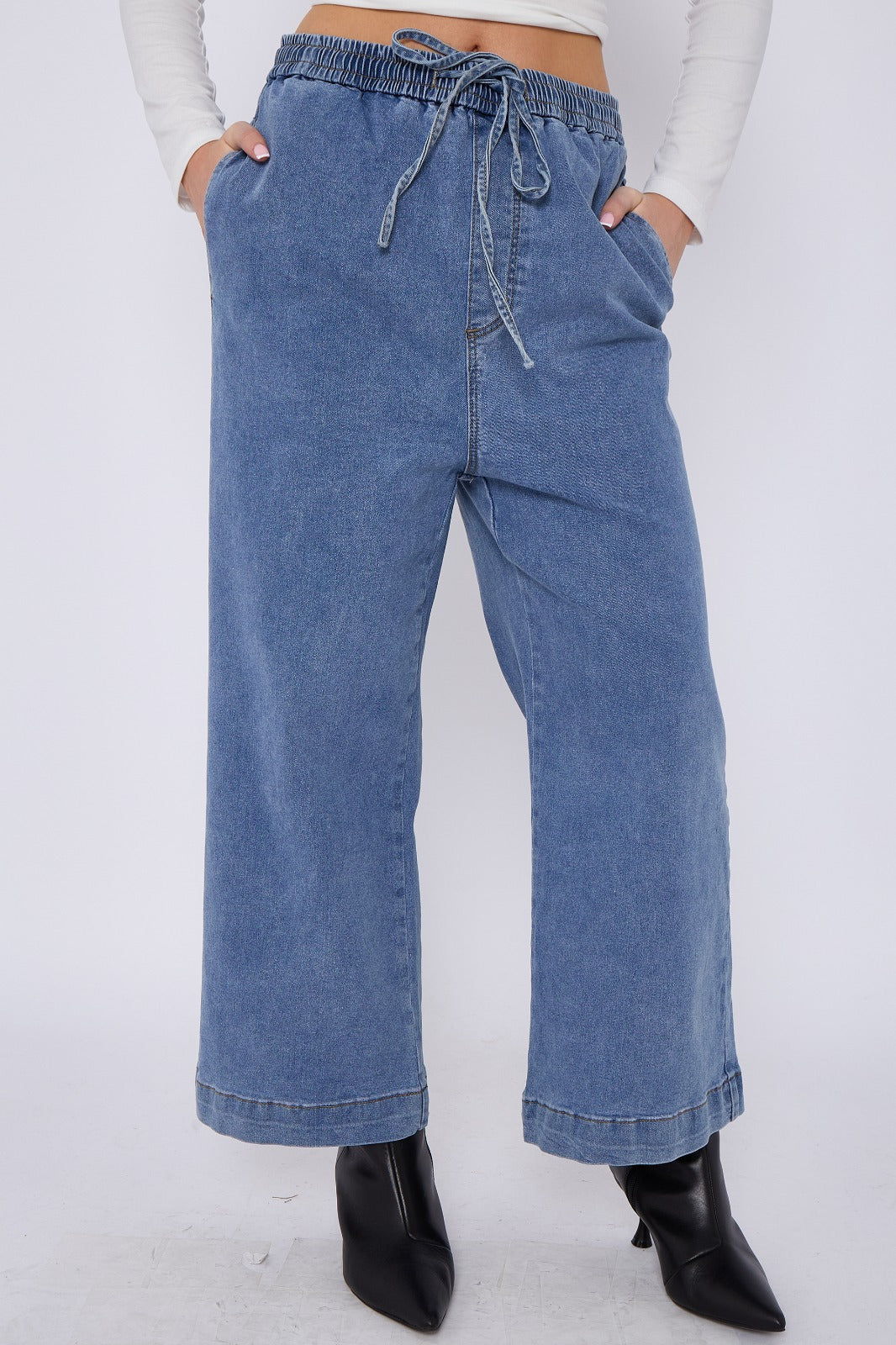 Blue Mid Wash Elastic Waist Wide Leg Denim Jeans