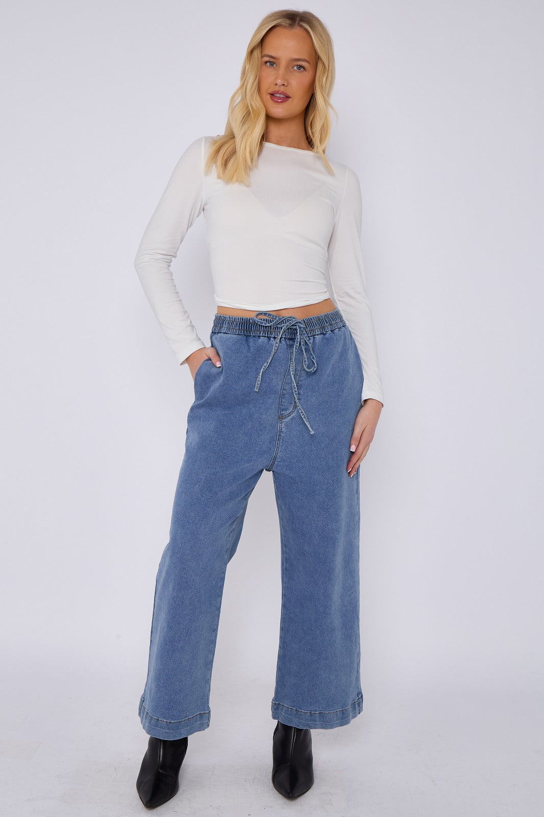 Blue Mid Wash Elastic Waist Wide Leg Denim Jeans