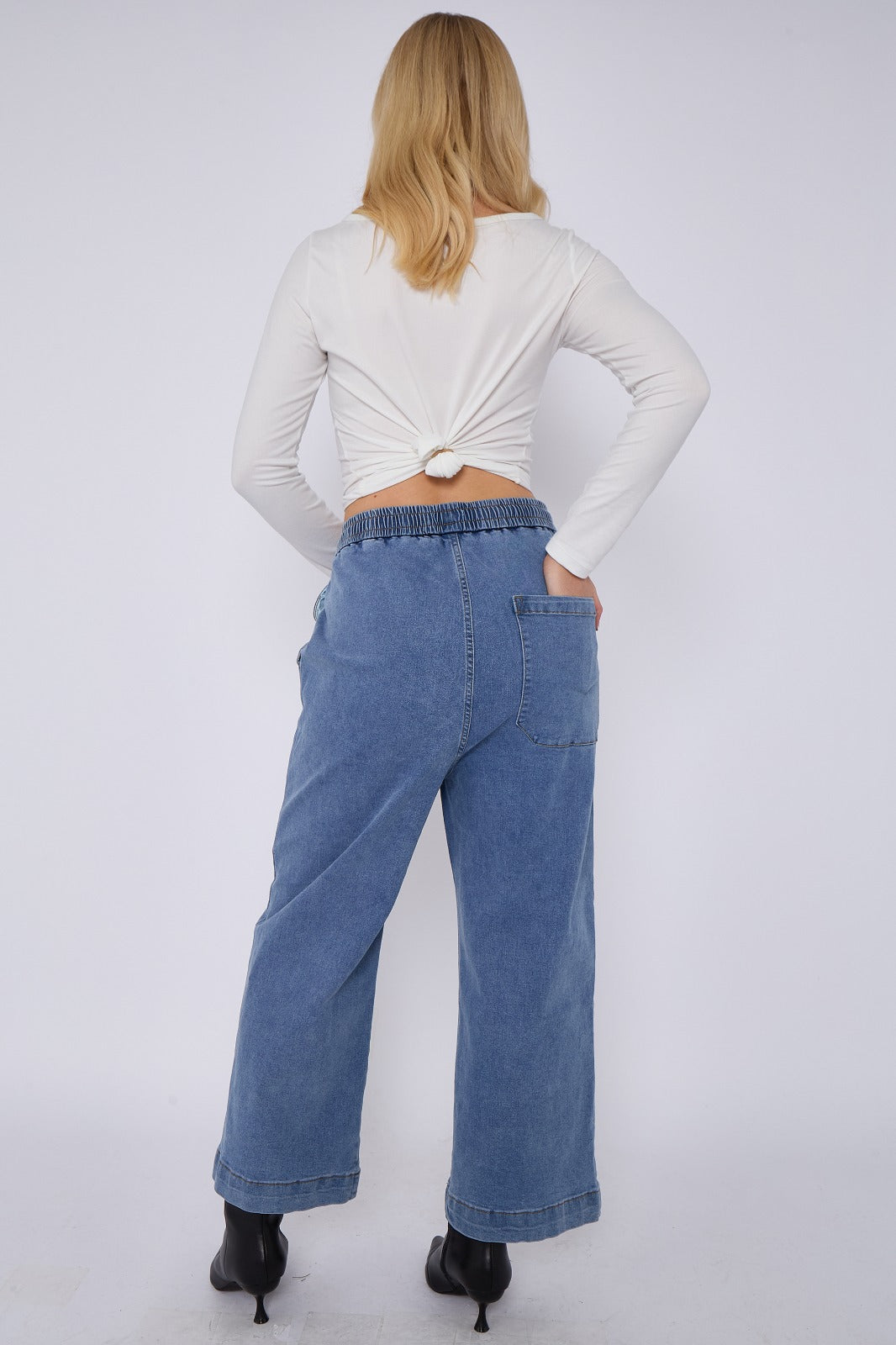 Blue Mid Wash Elastic Waist Wide Leg Denim Jeans