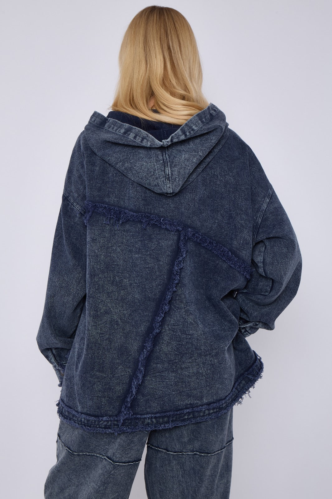 Blue Mid Wash Oversized Zip Front Denim Hoodie Jacket