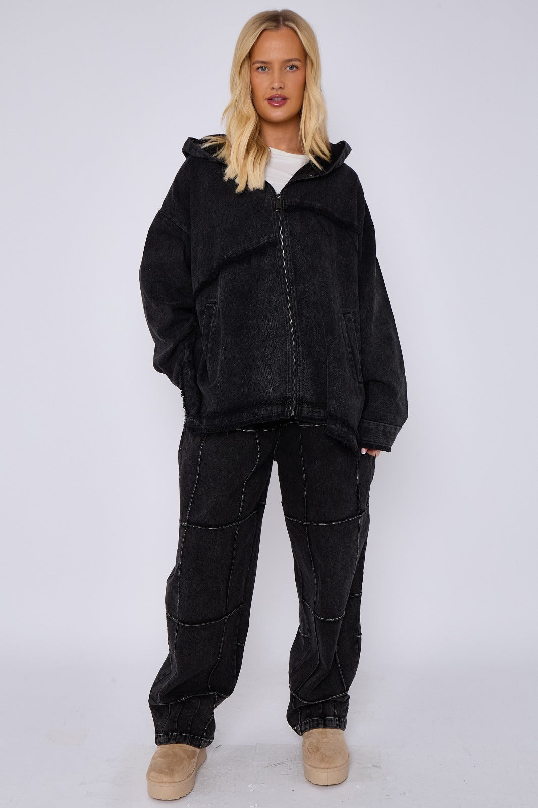 Blue Mid Wash Oversized Zip Front Denim Hoodie Jacket