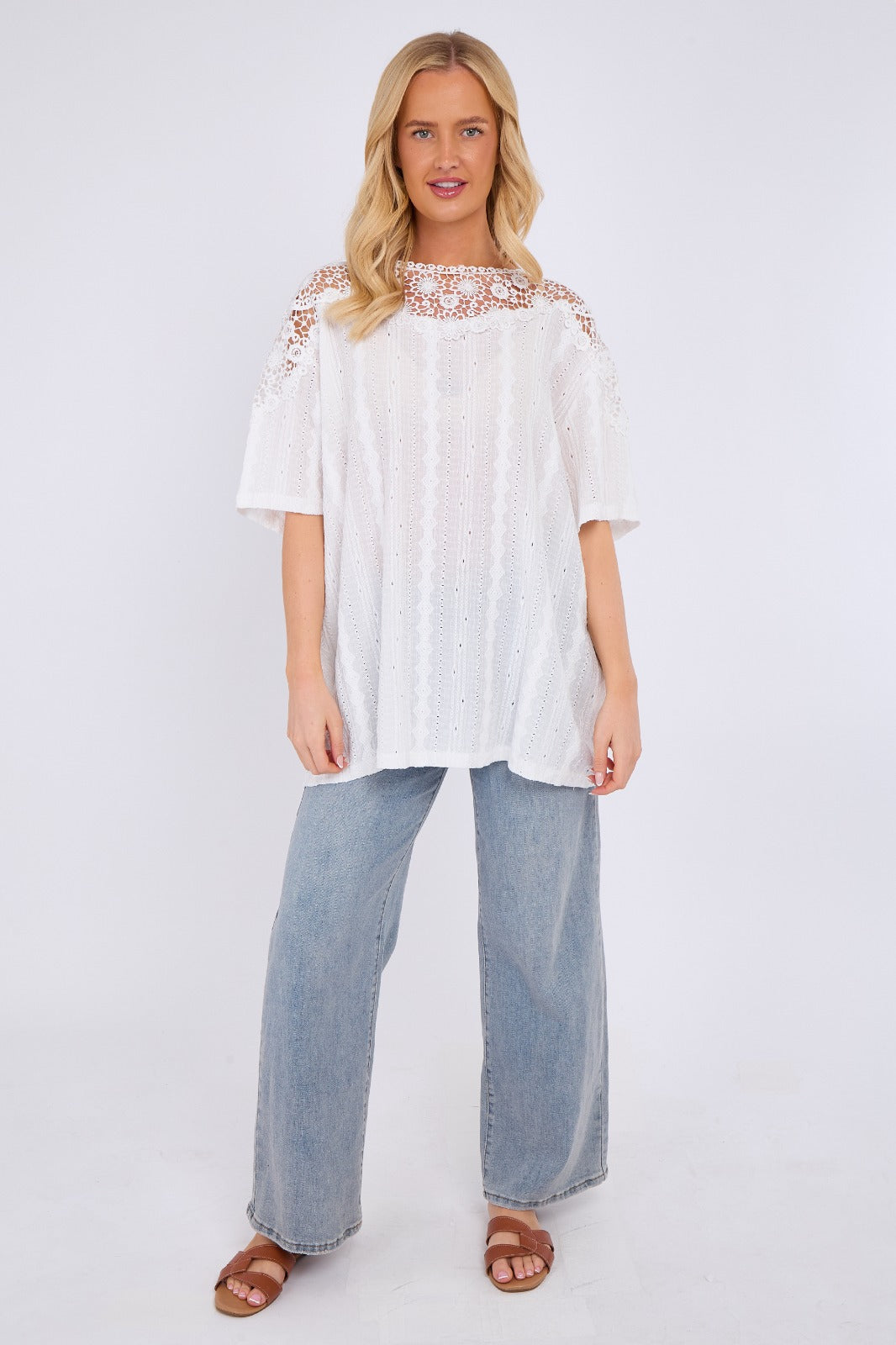 Broderie Anglaise Lace Shoulder Detail Top