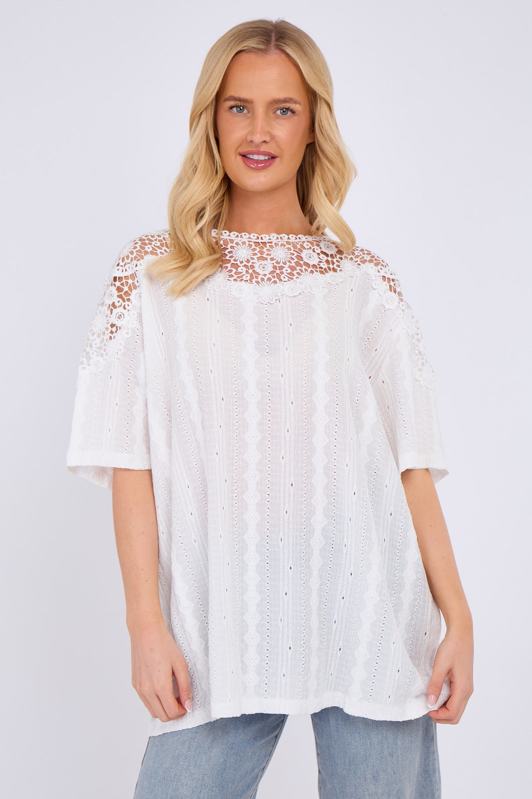 Broderie Anglaise Lace Shoulder Detail Top