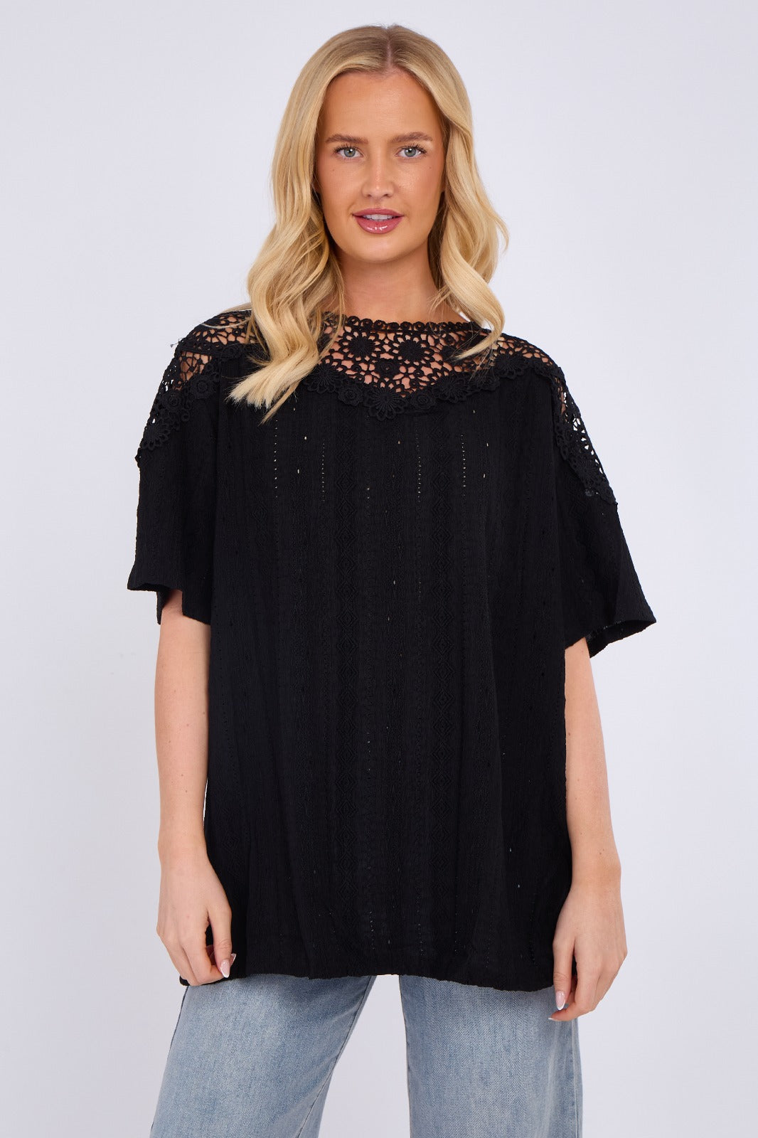 Broderie Anglaise Lace Shoulder Detail Top