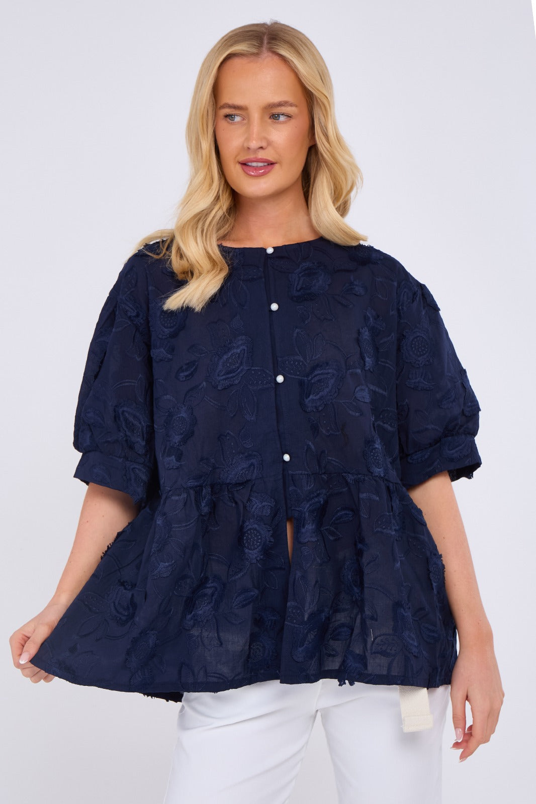 Floral Peplum Blouse with Button Front