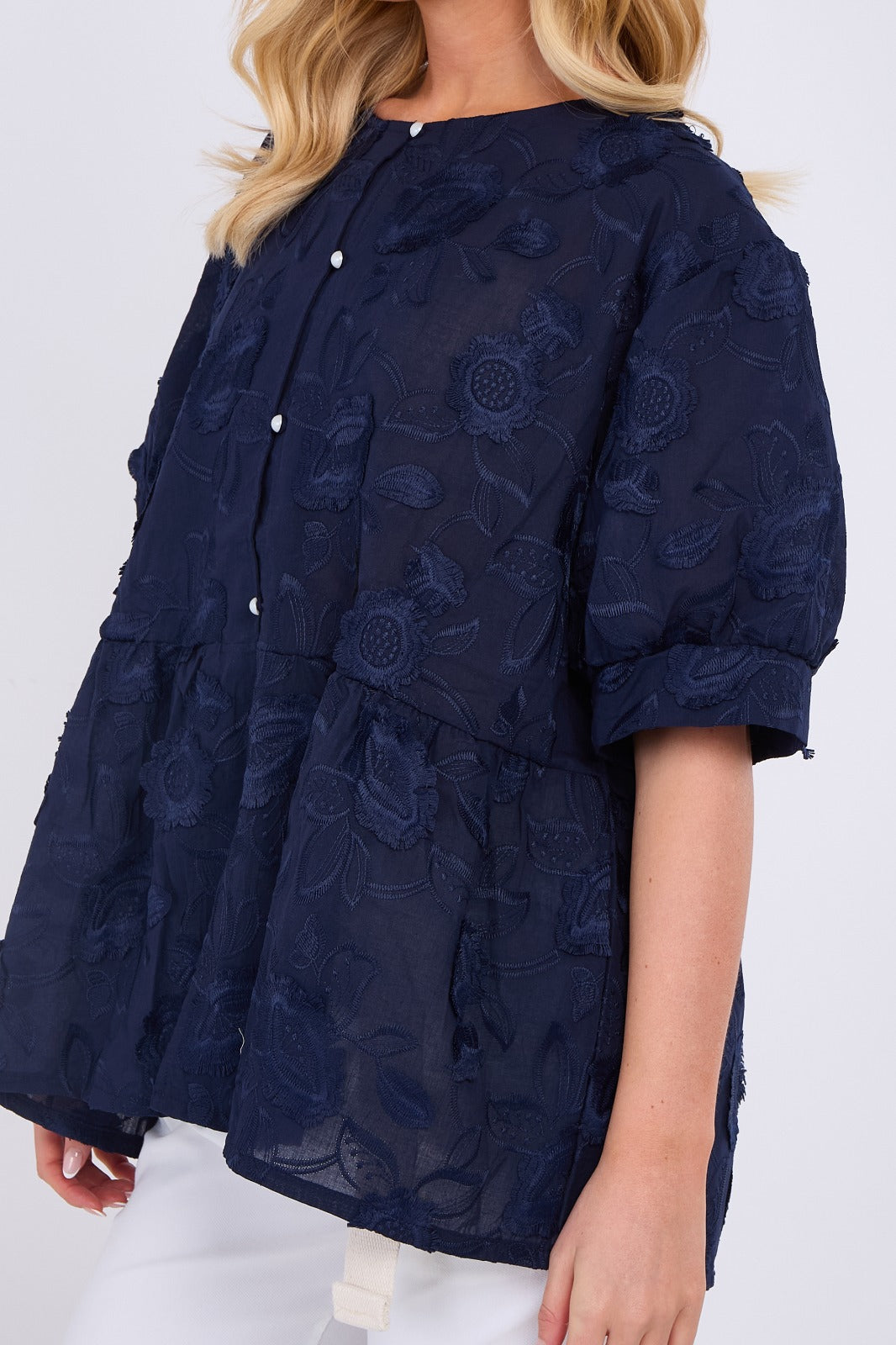 Floral Peplum Blouse with Button Front