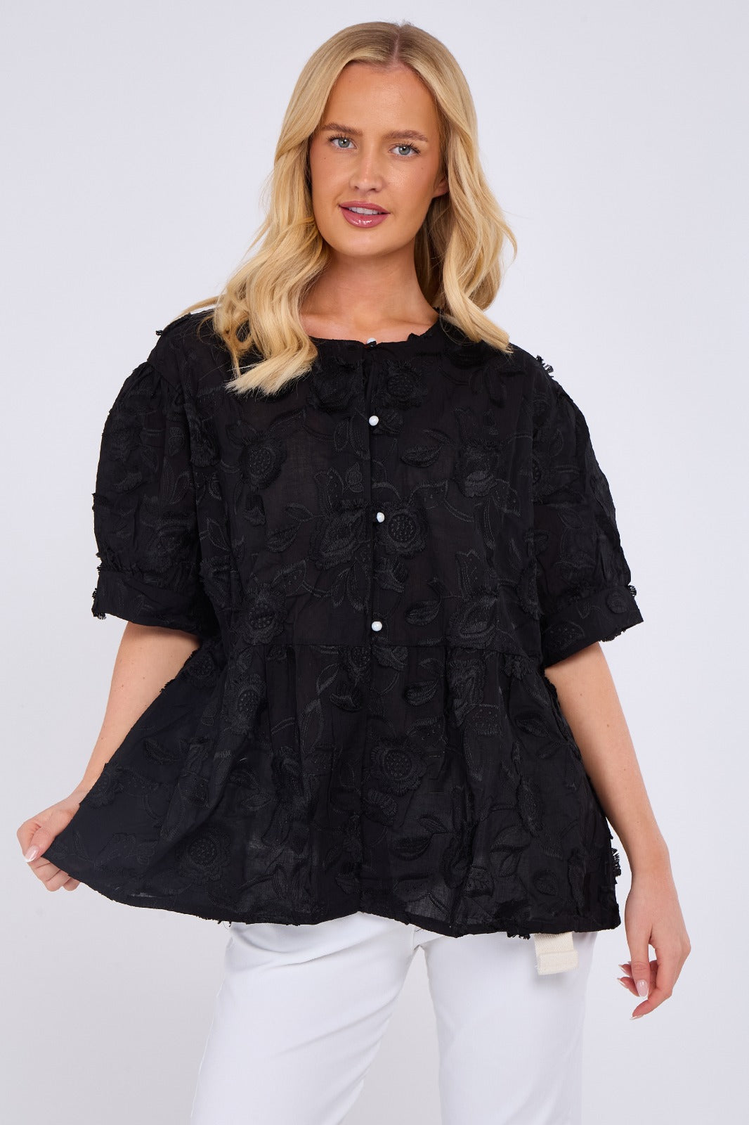 Floral Peplum Blouse with Button Front
