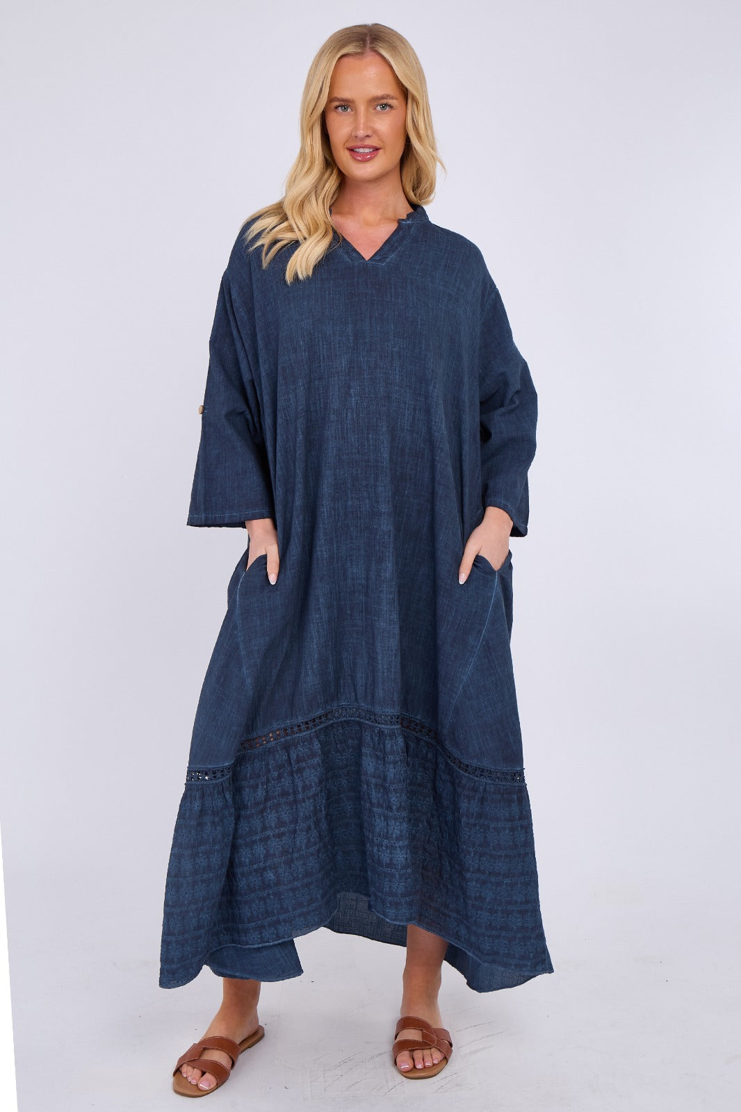 Linen Blend Tiered Maxi Dress with Crochet Trim Detail