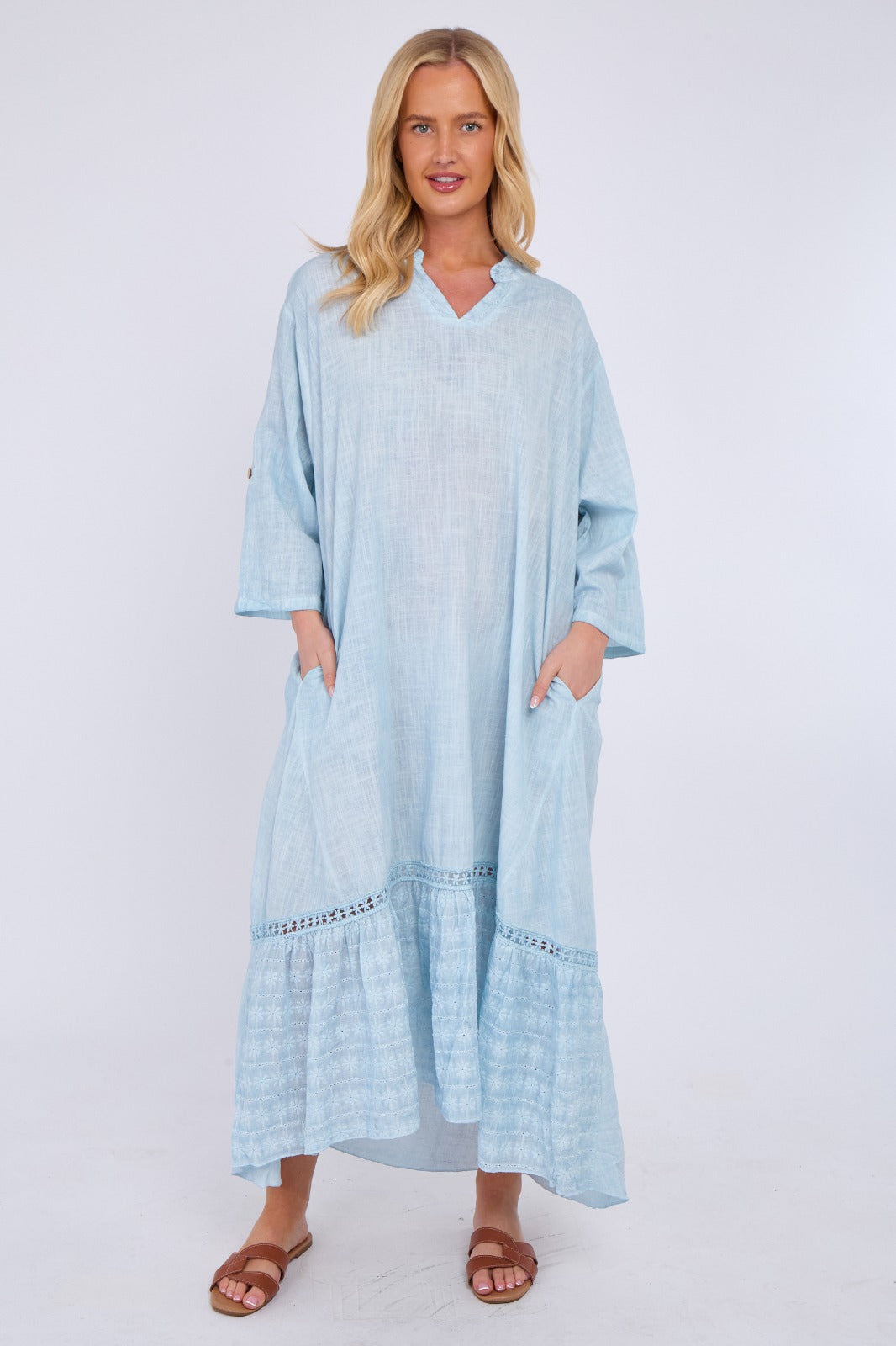 Linen Blend Tiered Maxi Dress with Crochet Trim Detail