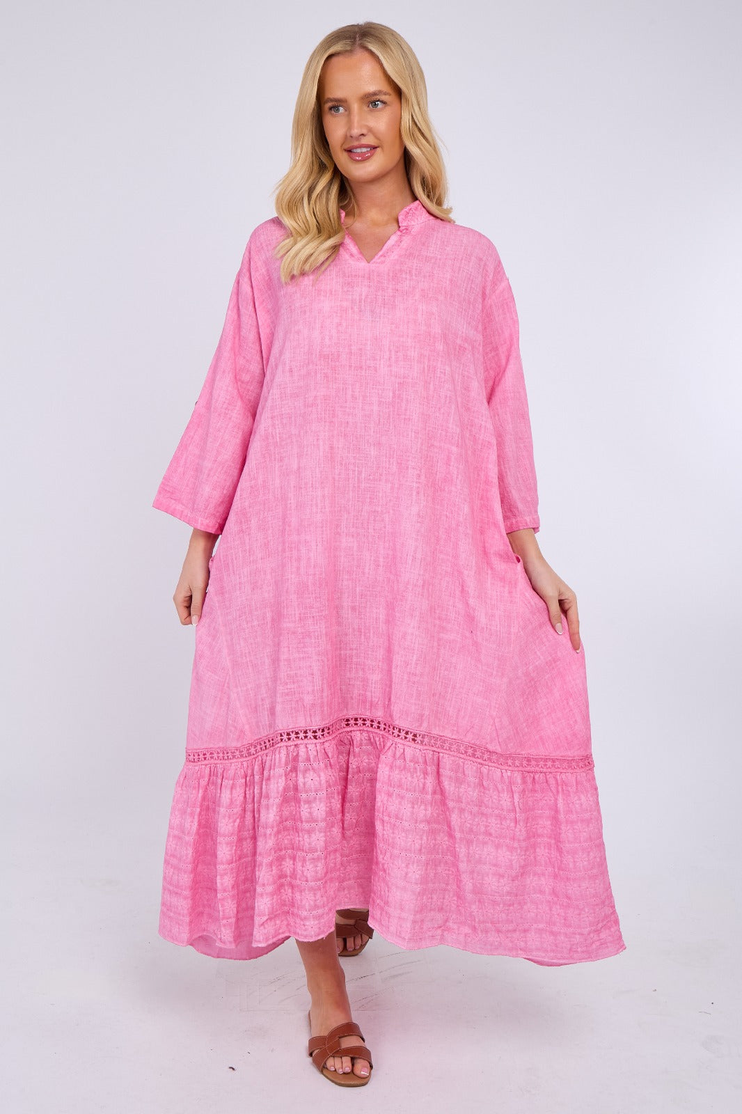Linen Blend Tiered Maxi Dress with Crochet Trim Detail