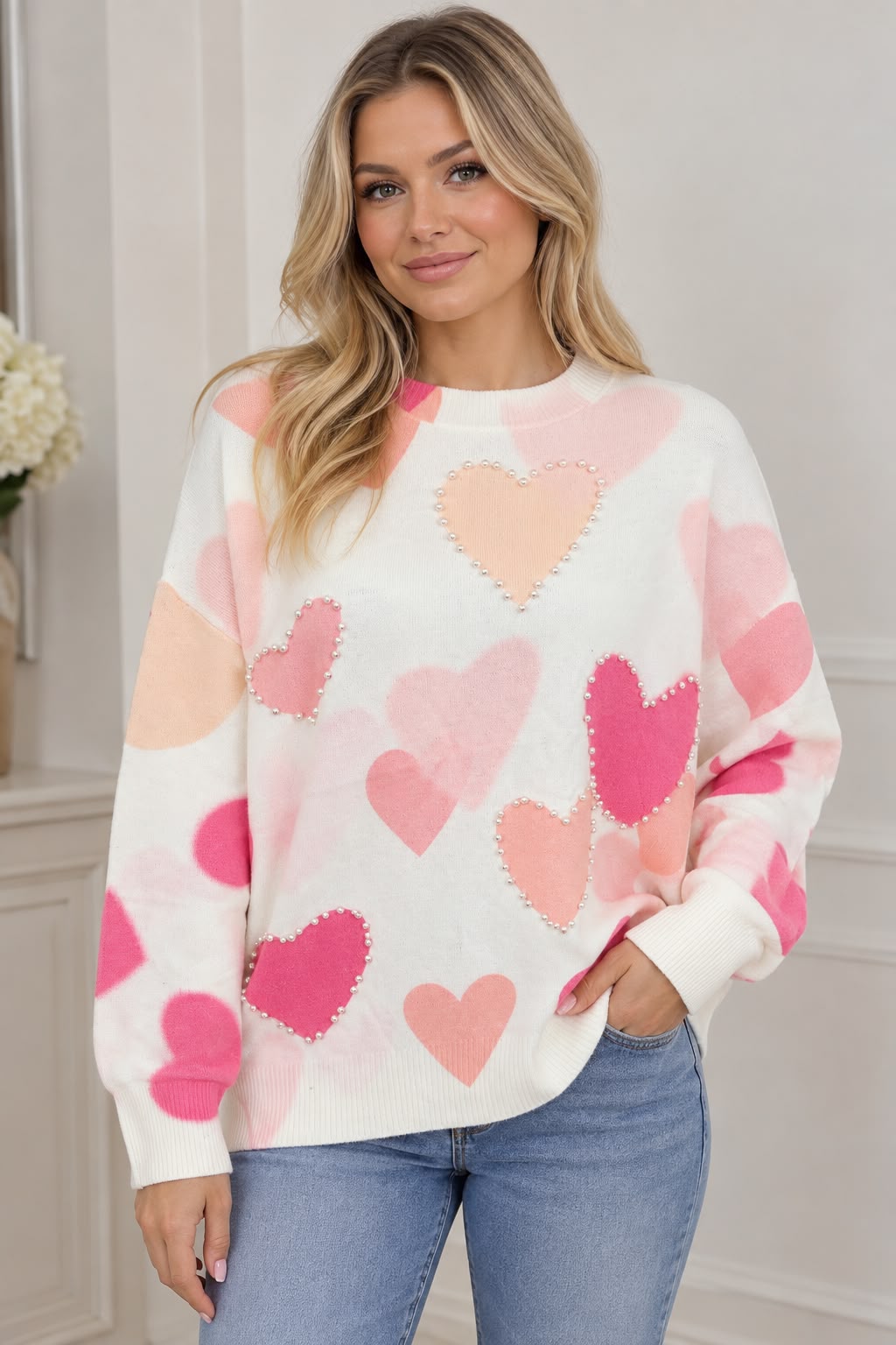 Pearl trim heart knit jumper