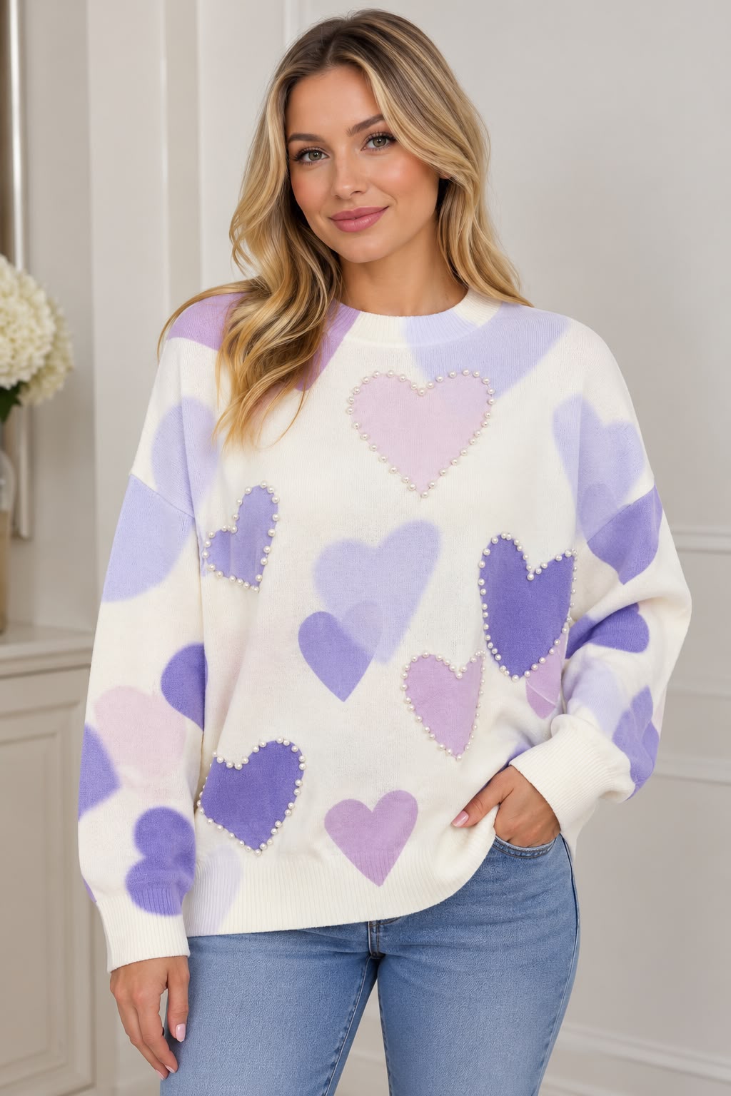 Pearl trim heart knit jumper